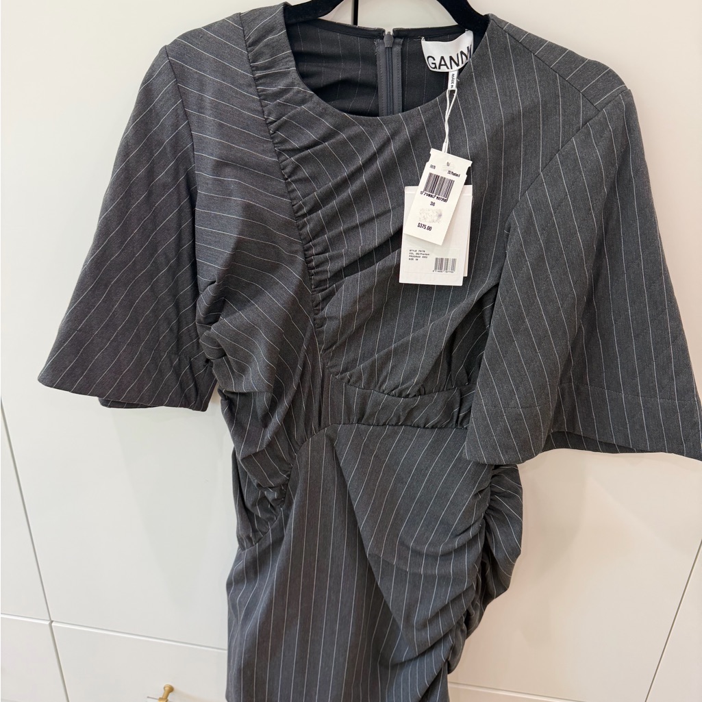 Ganni Charcoal Pinstripe Ruched Midi Dress